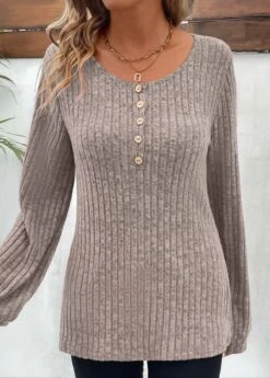 Light Camel Button Long Sleeve Round Neck T Shirt -Modlily Shop 343569 P 16958787265705