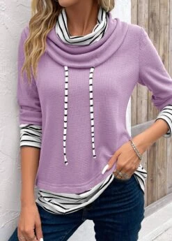 Light Purple Patchwork Striped Long Sleeve Cowl Neck Sweatshirt -Modlily Shop 343656 P 16958087610062