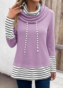 Light Purple Patchwork Striped Long Sleeve Cowl Neck Sweatshirt -Modlily Shop 343656 P 16958087610773