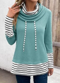 Mint Green Patchwork Striped Long Sleeve Cowl Neck Sweatshirt -Modlily Shop 343657 P 16975236200293