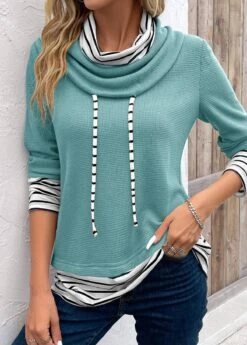 Mint Green Patchwork Striped Long Sleeve Cowl Neck Sweatshirt -Modlily Shop 343657 P 16975236202932