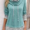 Mint Green Patchwork Striped Long Sleeve Cowl Neck Sweatshirt -Modlily Shop 343657 P 16975236209420