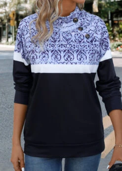 Black Patchwork Tribal Print Long Sleeve Stand Collar Sweatshirt