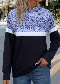 Black Patchwork Tribal Print Long Sleeve Stand Collar Sweatshirt -Modlily Shop 343660 P 16977162489724