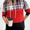 Red Patchwork Plaid Long Sleeve Hoodie -Modlily Shop 343662 P 16977162370430