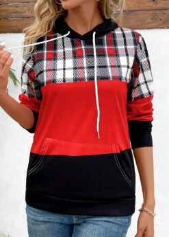 Red Patchwork Plaid Long Sleeve Hoodie -Modlily Shop 343662 P 16977162371245