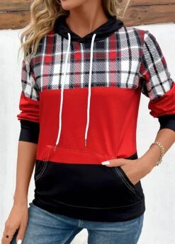 Red Patchwork Plaid Long Sleeve Hoodie -Modlily Shop 343662 P 16977162373842