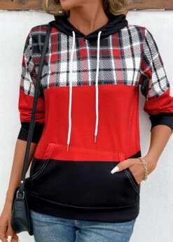 Red Patchwork Plaid Long Sleeve Hoodie -Modlily Shop 343662 P 16977162375554