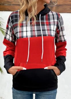 Red Patchwork Plaid Long Sleeve Hoodie -Modlily Shop 343662 P 16977162376123