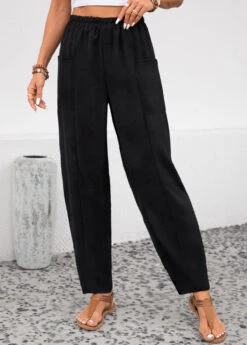 Black Pocket Elastic Waist High Waisted Pants