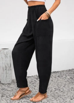 Black Pocket Elastic Waist High Waisted Pants -Modlily Shop 343703 P 16958790158852