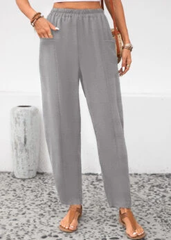 Light Grey Pocket Elastic Waist High Waisted Pants -Modlily Shop 343707 P 16958790152034