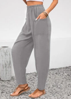 Light Grey Pocket Elastic Waist High Waisted Pants -Modlily Shop 343707 P 16958790157352