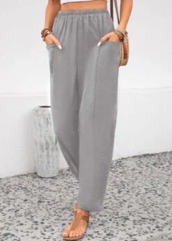 Light Grey Pocket Elastic Waist High Waisted Pants -Modlily Shop 343707 P 16958790159713