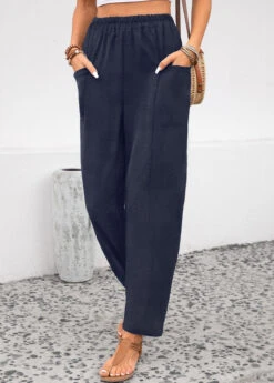 Navy Pocket Elastic Waist High Waisted Pants -Modlily Shop 343708 P 16958790153042