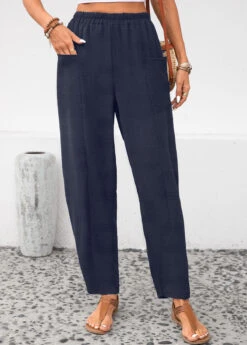 Navy Pocket Elastic Waist High Waisted Pants -Modlily Shop 343708 P 16958790159154