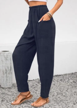 Navy Pocket Elastic Waist High Waisted Pants -Modlily Shop 343708 P 16958790159863