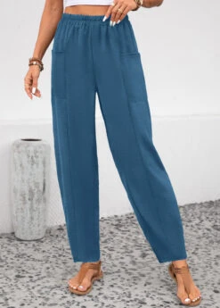 Peacock Blue Pocket Elastic Waist High Waisted Pants
