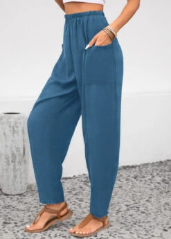 Peacock Blue Pocket Elastic Waist High Waisted Pants -Modlily Shop 343709 P 16958790156052