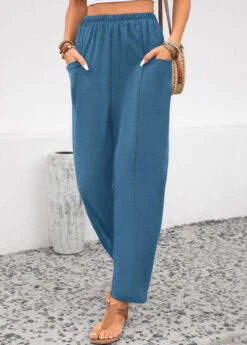 Peacock Blue Pocket Elastic Waist High Waisted Pants -Modlily Shop 343709 P 16958790157663