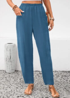 Peacock Blue Pocket Elastic Waist High Waisted Pants -Modlily Shop 343709 P 16958790159304