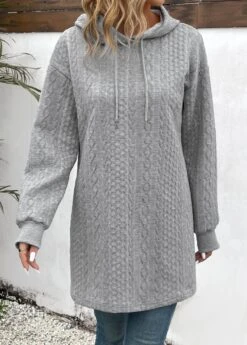 Grey Jacquard Long Sleeve Drawstring Hoodie -Modlily Shop 343765 P 16976798263113