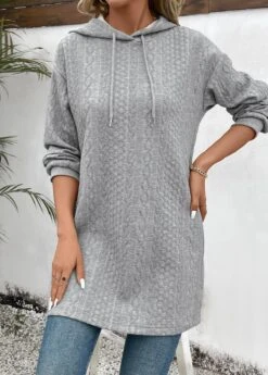 Grey Jacquard Long Sleeve Drawstring Hoodie -Modlily Shop 343765 P 16976798267842