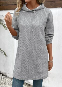 Grey Jacquard Long Sleeve Drawstring Hoodie