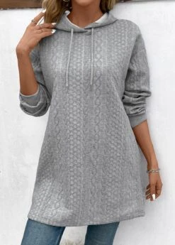 Grey Jacquard Long Sleeve Drawstring Hoodie -Modlily Shop 343765 P 16976798269625