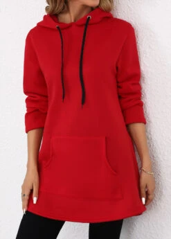 Red Pocket Long Sleeve Drawstring Hoodie -Modlily Shop 343766 P 16980565973354