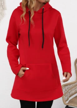 Red Pocket Long Sleeve Drawstring Hoodie -Modlily Shop 343766 P 16980565976752