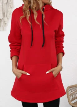 Red Pocket Long Sleeve Drawstring Hoodie -Modlily Shop 343766 P 16980565978403