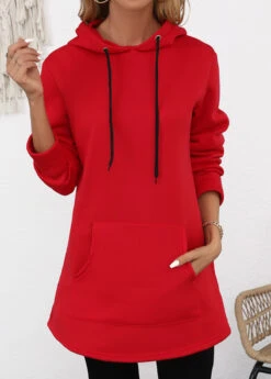 Red Pocket Long Sleeve Drawstring Hoodie