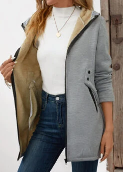 Grey Pocket Long Sleeve Hooded Coat 10 Grey Pocket Long Sleeve Hooded Coat -Modlily Shop 343767 P 16981476080762