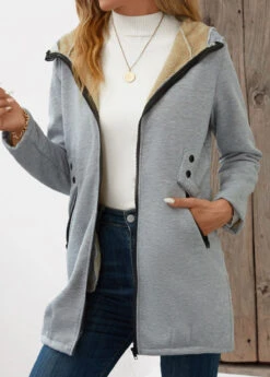 Grey Pocket Long Sleeve Hooded Coat 12 Grey Pocket Long Sleeve Hooded Coat -Modlily Shop 343767 P 16981476081674