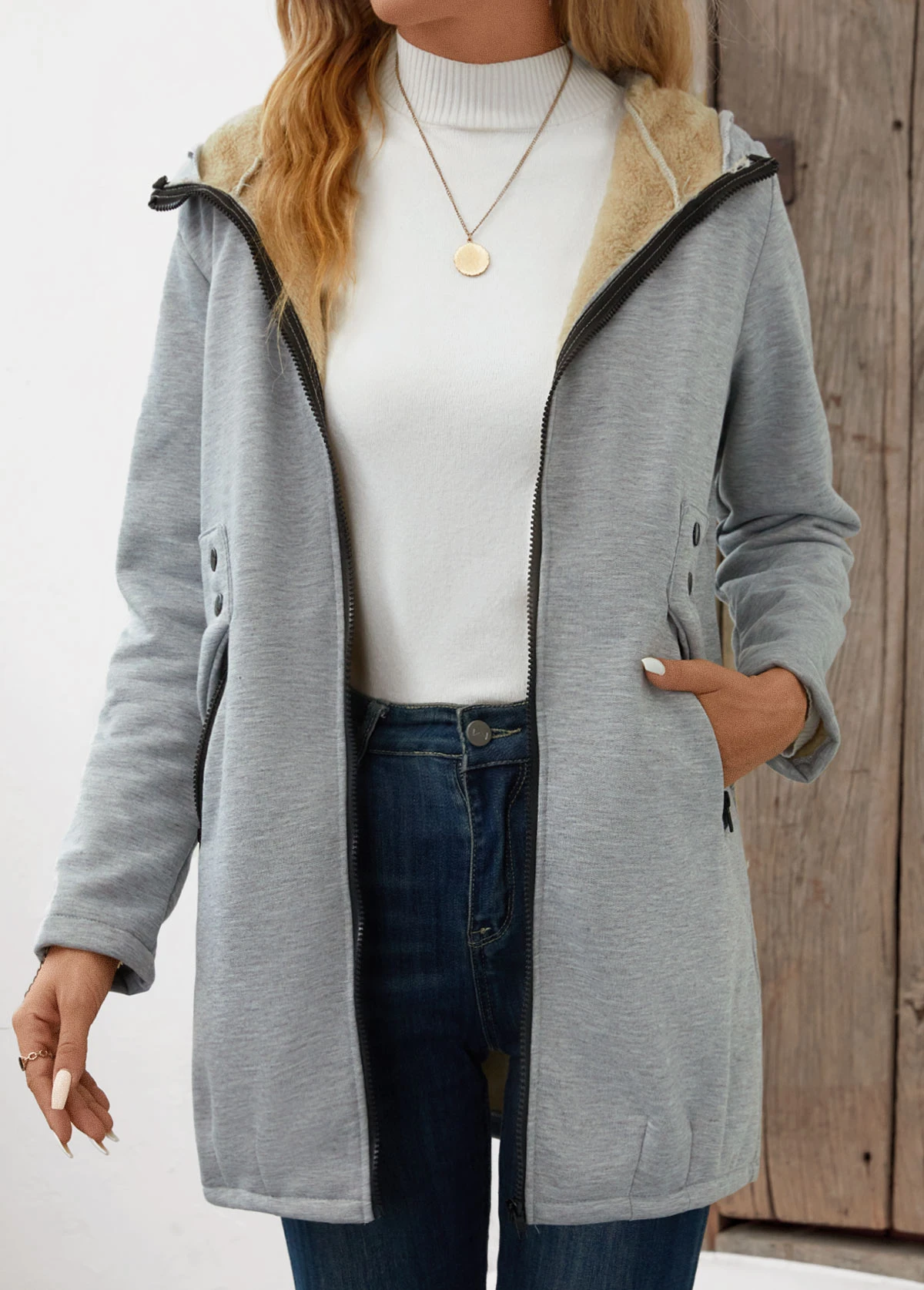 Grey Pocket Long Sleeve Hooded Coat 3 Grey Pocket Long Sleeve Hooded Coat
