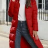 Red Pocket Long Sleeve Hooded Coat