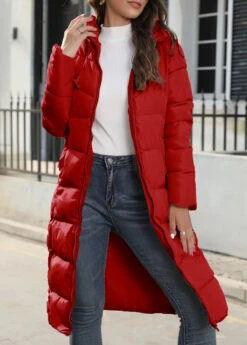 Red Pocket Long Sleeve Hooded Coat
