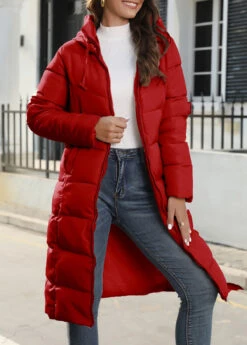 Red Pocket Long Sleeve Hooded Coat -Modlily Shop 343778 P 1696932608985