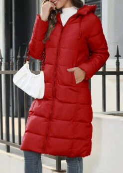 Red Pocket Long Sleeve Hooded Coat -Modlily Shop 343778 P 1696932609993