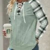 Sage Green Lace Up Plaid Long Sleeve Sweatshirt