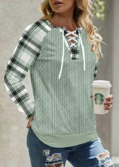 Sage Green Lace Up Plaid Long Sleeve Sweatshirt -Modlily Shop 343856 P 1696844532852