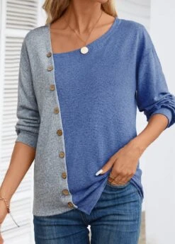 Denim Blue Asymmetry Long Sleeve Asymmetrical Neck T Shirt -Modlily Shop 343952 P 16981475820590