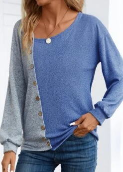 Denim Blue Asymmetry Long Sleeve Asymmetrical Neck T Shirt -Modlily Shop 343952 P 16981475821154