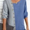 Denim Blue Asymmetry Long Sleeve Asymmetrical Neck T Shirt -Modlily Shop 343952 P 16981475821523
