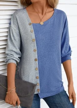 Denim Blue Asymmetry Long Sleeve Asymmetrical Neck T Shirt