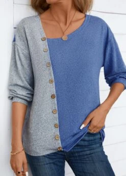 Denim Blue Asymmetry Long Sleeve Asymmetrical Neck T Shirt -Modlily Shop 343952 P 16981475822602
