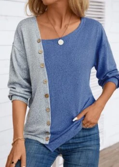 Denim Blue Asymmetry Long Sleeve Asymmetrical Neck T Shirt -Modlily Shop 343952 P 16981475823535