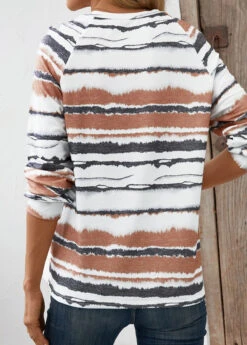 White Patchwork Striped Long Sleeve V Neck T Shirt -Modlily Shop 344032 P 16984064333031