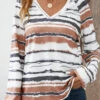 White Patchwork Striped Long Sleeve V Neck T Shirt -Modlily Shop 344032 P 16984064333400